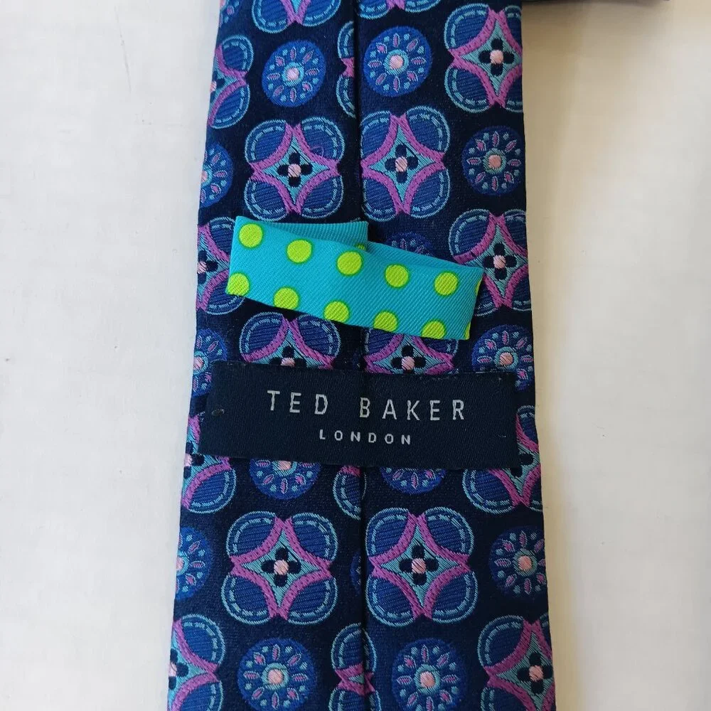 Ted Baker London Men's Navy Blue Purple Medallions Silk Tie L59